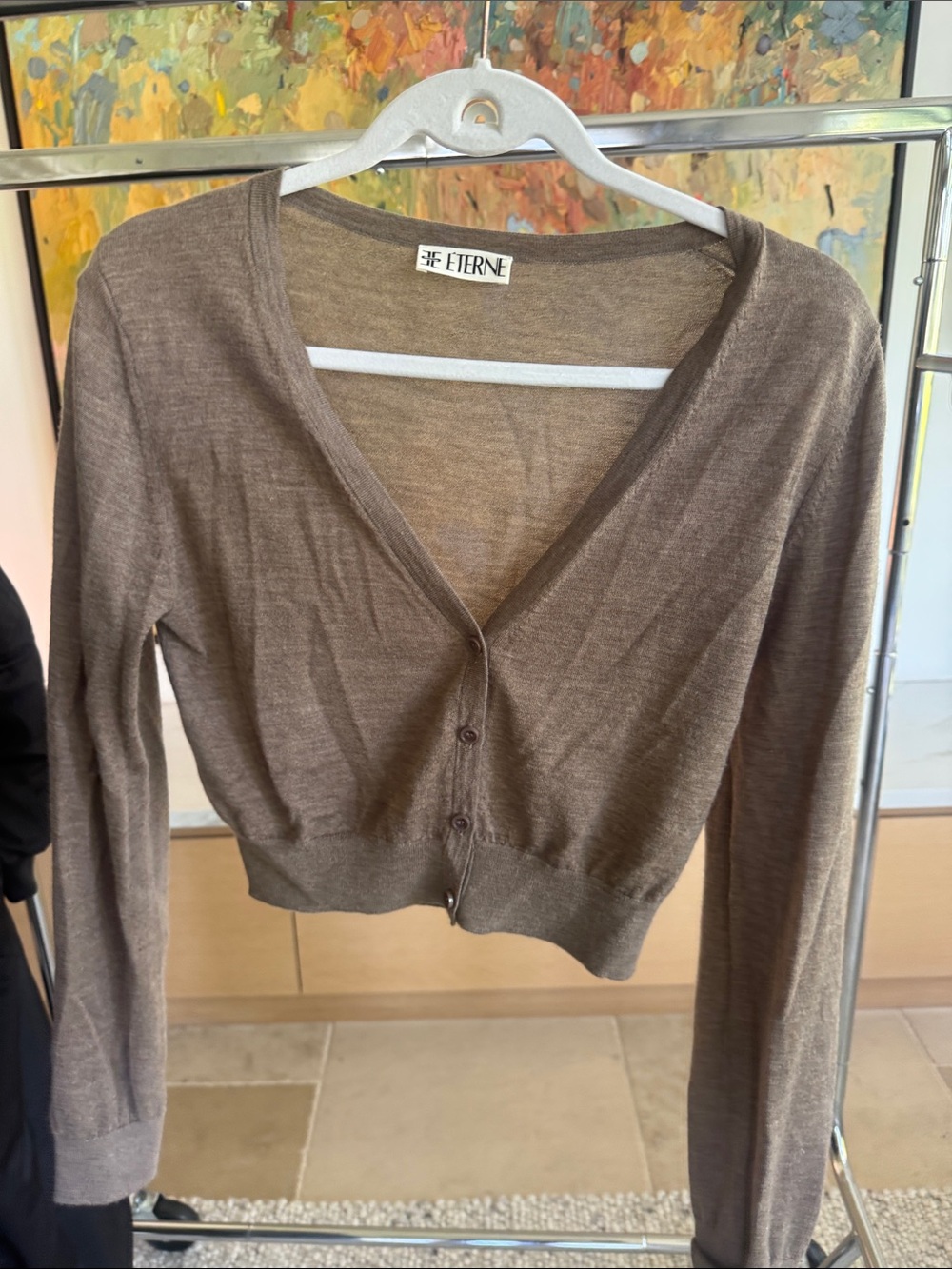 Eterne Brown Slim-Fit V-Neck Cropped Cardigan